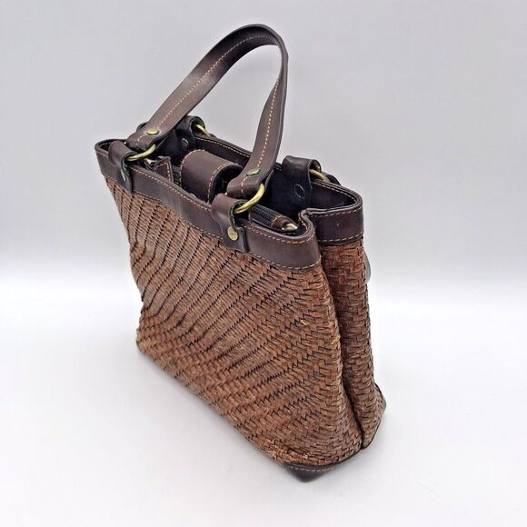 Vintage Fossil Brown Wicker Weave Double Handle Purse 78082 Inside Zip Pocket - Picture 5 of 15